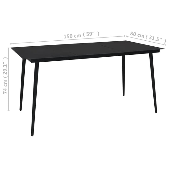 Black garden dining table measuring 150x80x74 cm, featuring a sturdy steel frame and sleek glass surface.