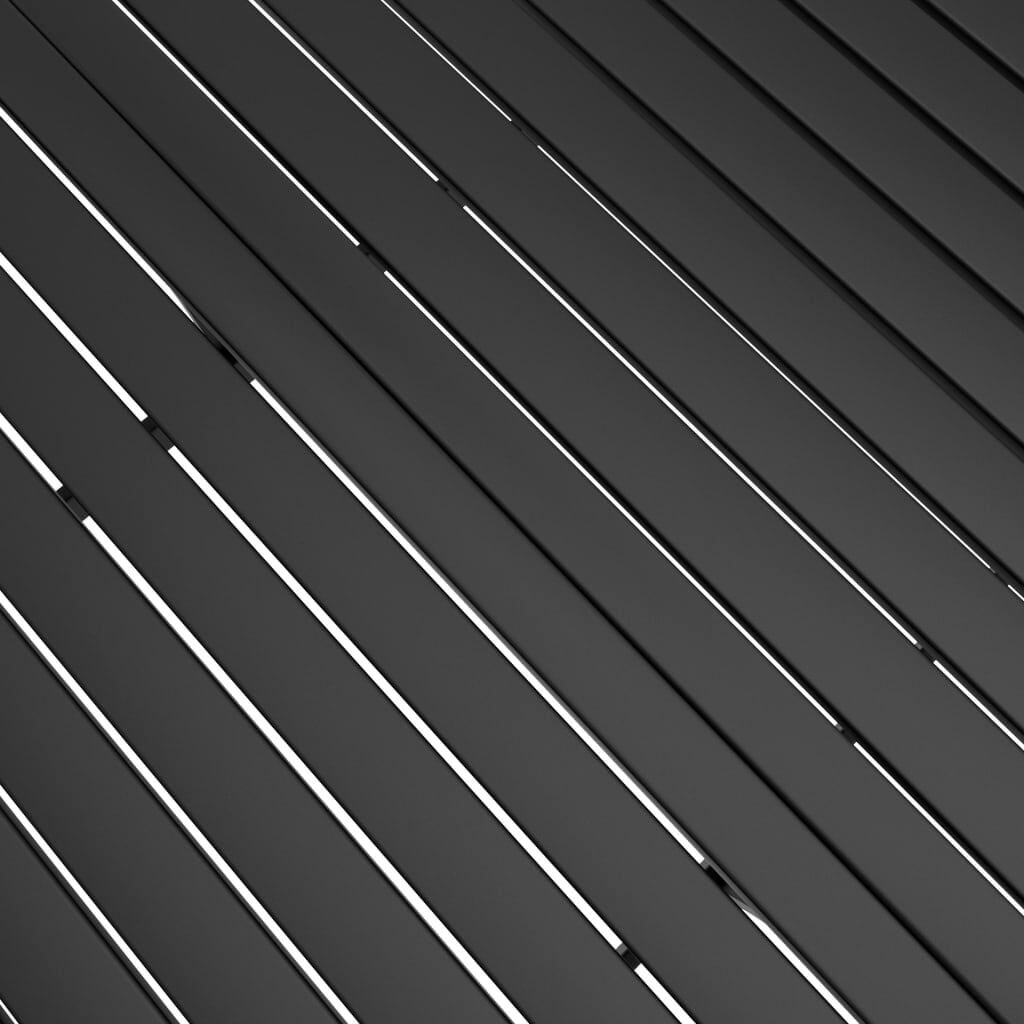 Close-up of slatted design on anthracite steel garden table, showcasing industrial style and sturdy construction.