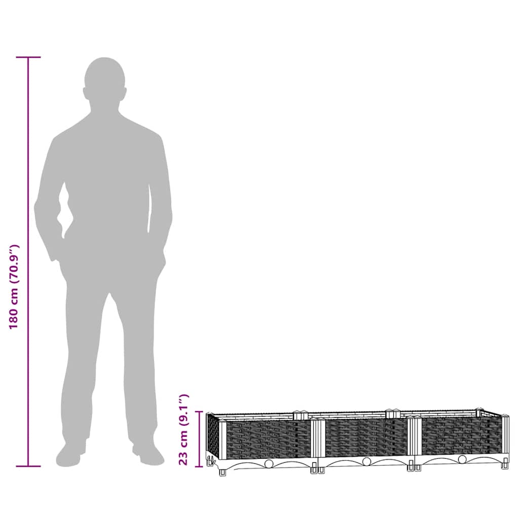 Size comparison between a person and Raised Garden Bed 120×40×23 cm – Durable Polypropylene Planter.