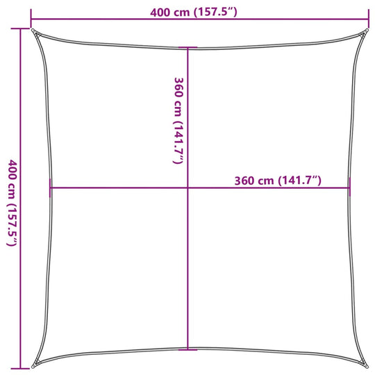 Sunshade sail dimensions showing 400 cm x 400 cm and 360 cm x 360 cm measurements for outdoor use and furniture decoration.