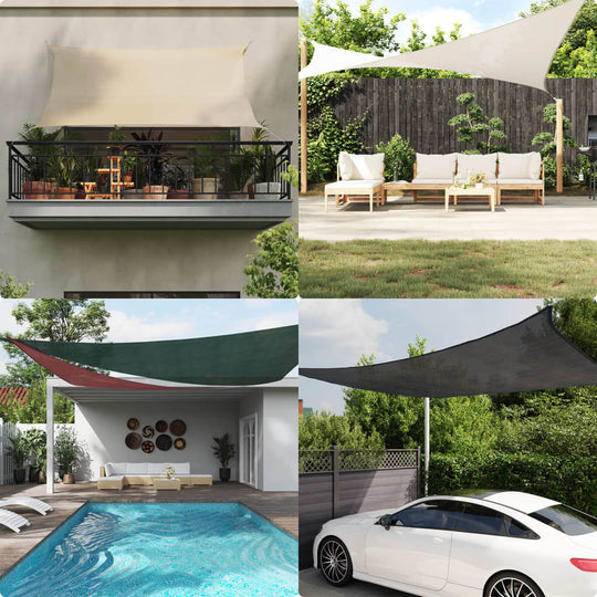 Sunshade sail in cream and green configurations for outdoor spaces, enhancing gardens, balconies, and pool areas with stylish shade.