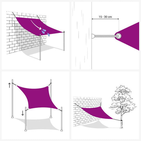 Installation guide for a sunshade sail with dimensions and setup illustrations for outdoor use.