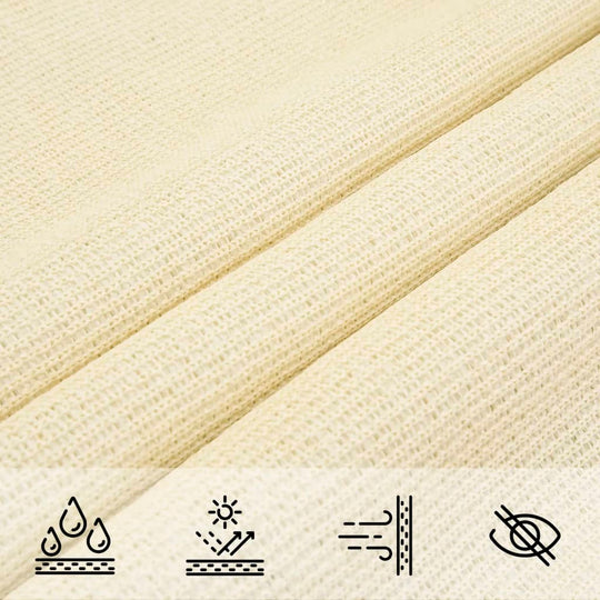 Close-up of cream HDPE fabric for sunshade sail, showing water-resistant, UV-protection, breathable, and mold-resistant properties.