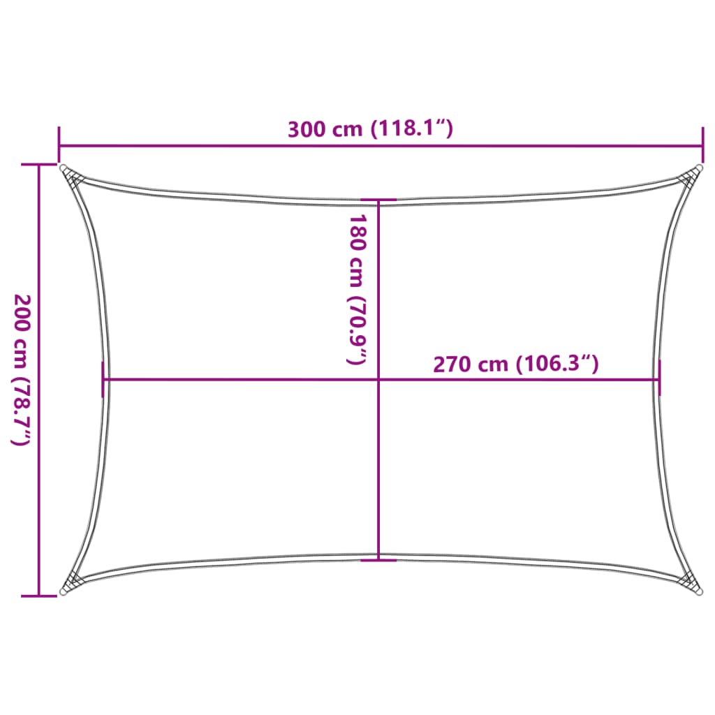 Dimensions of a 2x3 m sunshade sail in HDPE, showing measurements of 300 cm by 200 cm and 270 cm by 180 cm.