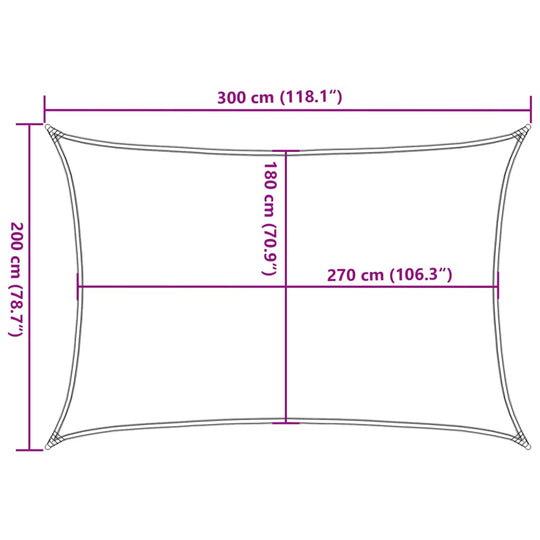 Dimensions of a 2x3 m sunshade sail in HDPE, showing measurements of 300 cm by 200 cm and 270 cm by 180 cm.