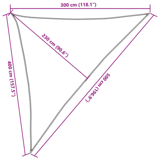 Diagram of Sunshade Sail dimensions 3x4x5 m, showing triangle shape and measurements in cm for outdoor use.