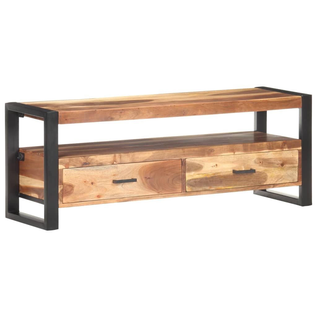 TV cabinet made of solid wood with honey finish, featuring a sleek design and sturdy steel frame, perfect for modern living rooms.