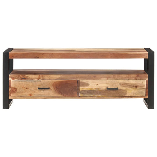 Solid wood TV cabinet with honey finish, featuring open shelving and drawers, perfect for stylish home decor.