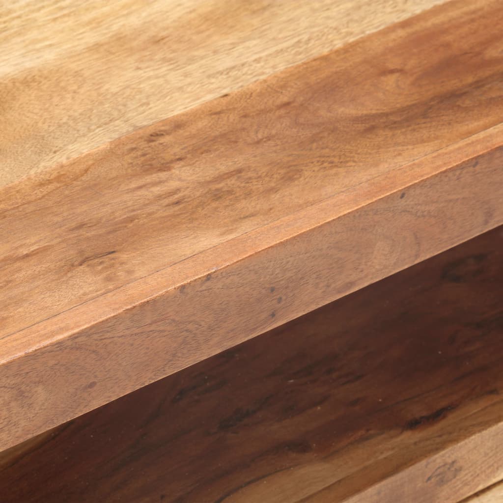 Close-up of solid wood surface with honey finish, highlighting the natural grain and texture of the TV cabinet.