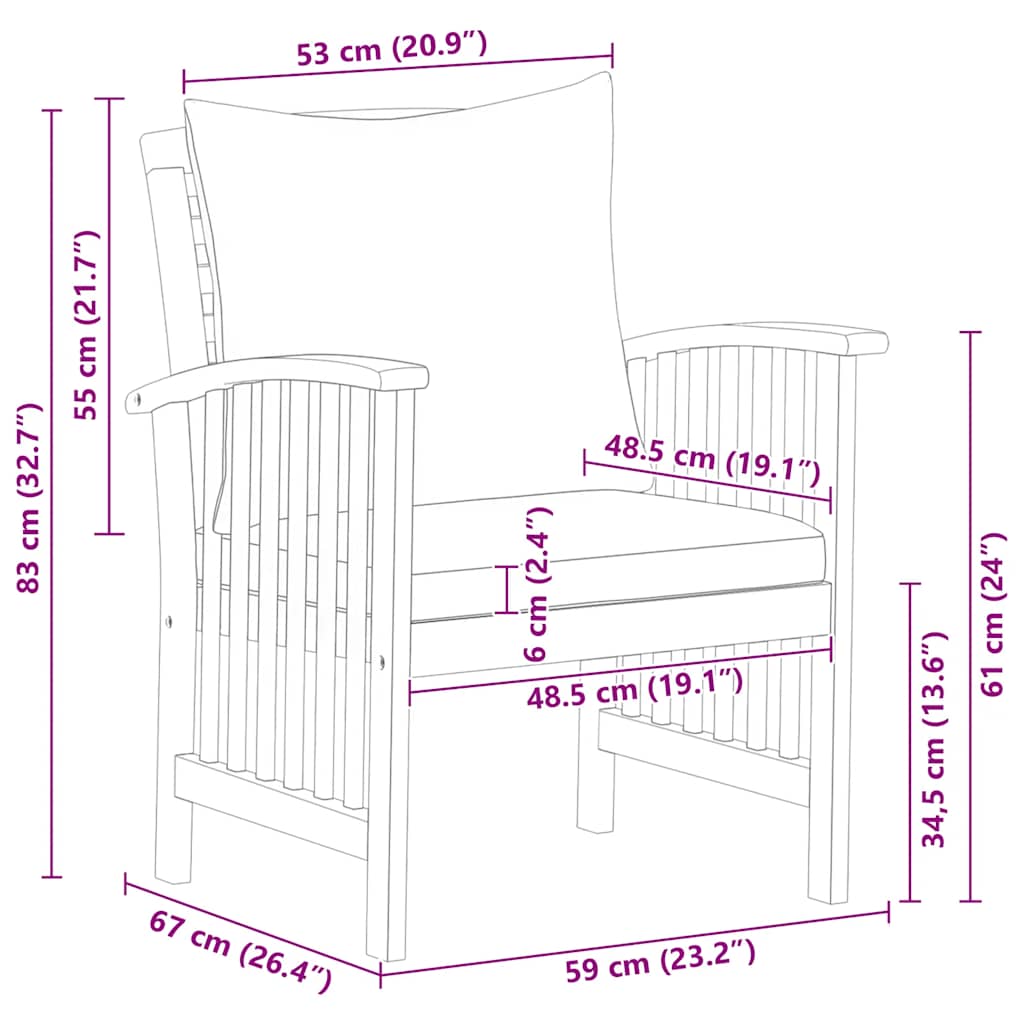 Garden Chairs with Cushions 2 pcs Solid Acacia Wood dimensions drawing with measurements in cm.