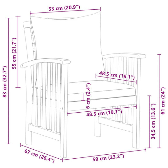 Garden Chairs with Cushions 2 pcs Solid Acacia Wood dimensions drawing with measurements in cm.