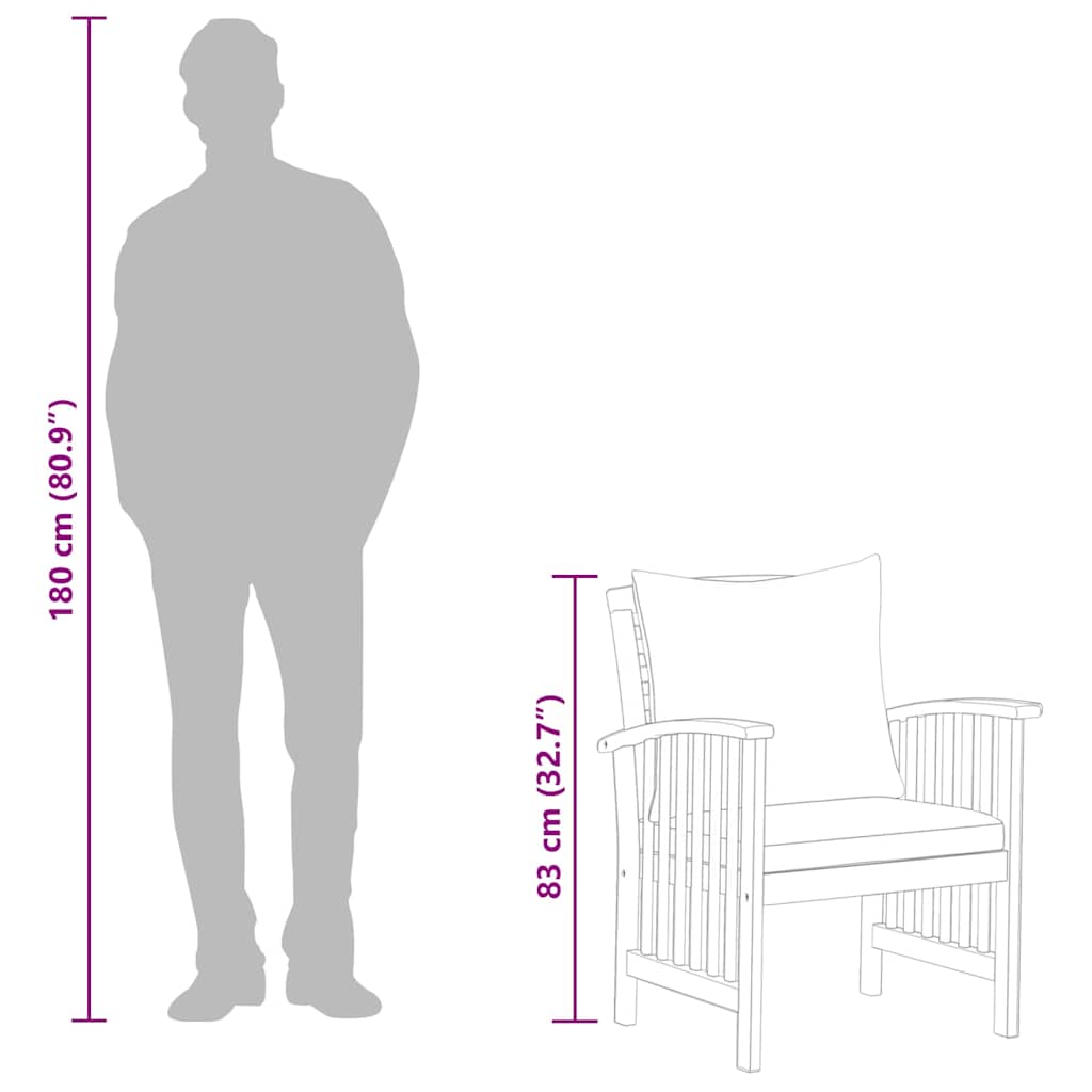 Garden Chairs with Cushions 2 pcs Solid Acacia Wood dimensions with silhouette for scale
