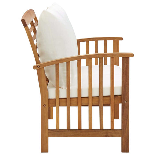Garden Bench with Cushions 119 cm Solid Acacia Wood featuring a side view showcasing wooden slats and comfortable cushions.