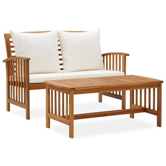 2 Piece Garden Lounge Set with Cushions Solid Acacia Wood, featuring a slatted coffee table and comfortable cushions.