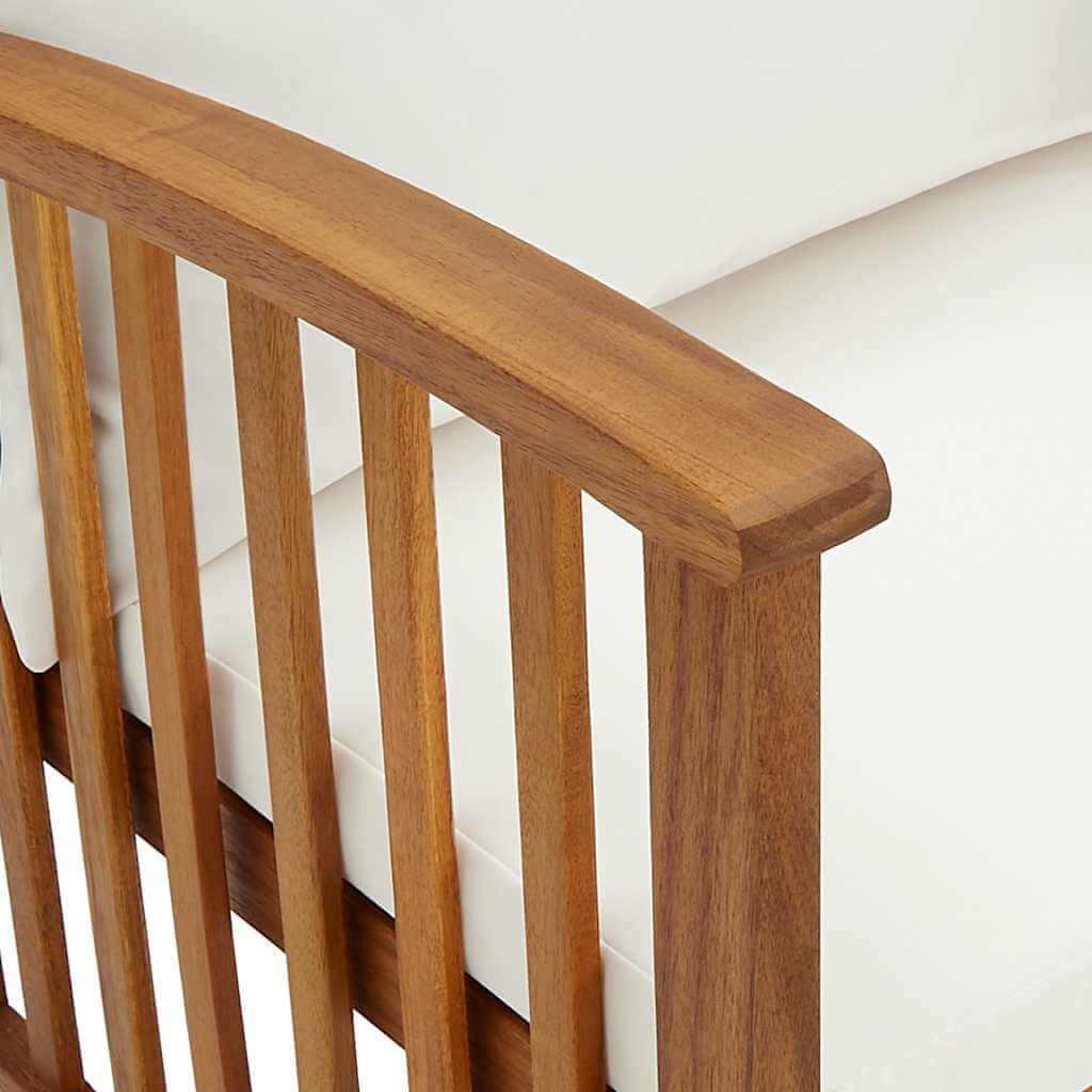Close-up of the armrest of the 2 Piece Garden Lounge Set with Cushions Solid Acacia Wood showing slatted design and smooth finish.