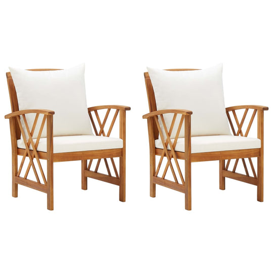 Set of 2 solid acacia wood garden chairs with cream cushions, perfect for outdoor furniture and lounge areas.