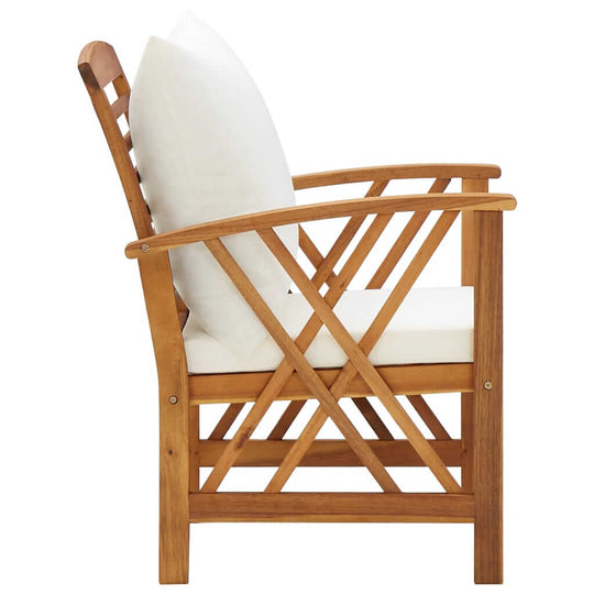 Side view of a solid acacia wood garden chair with white cushion, ideal for outdoor furniture and patio comfort.