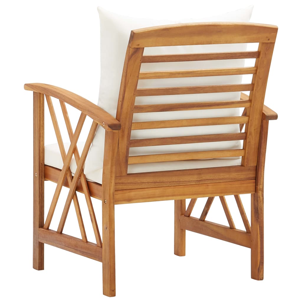 Back view of a solid acacia wood garden chair with a cream cushion, showcasing its durable design and elegant slatted back.