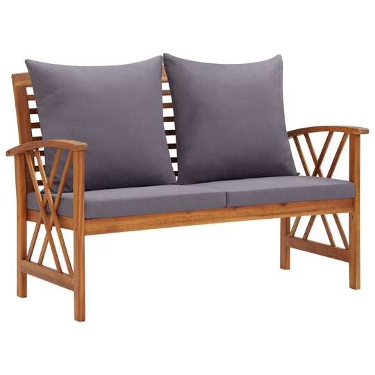 Stylish garden bench with gray cushions made of solid acacia wood, perfect for outdoor lounging and relaxation.