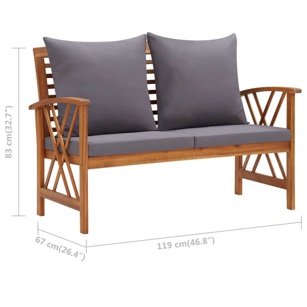 Garden bench with gray cushions, solid acacia wood, dimensions 119 cm, outdoor furniture for comfort and style.