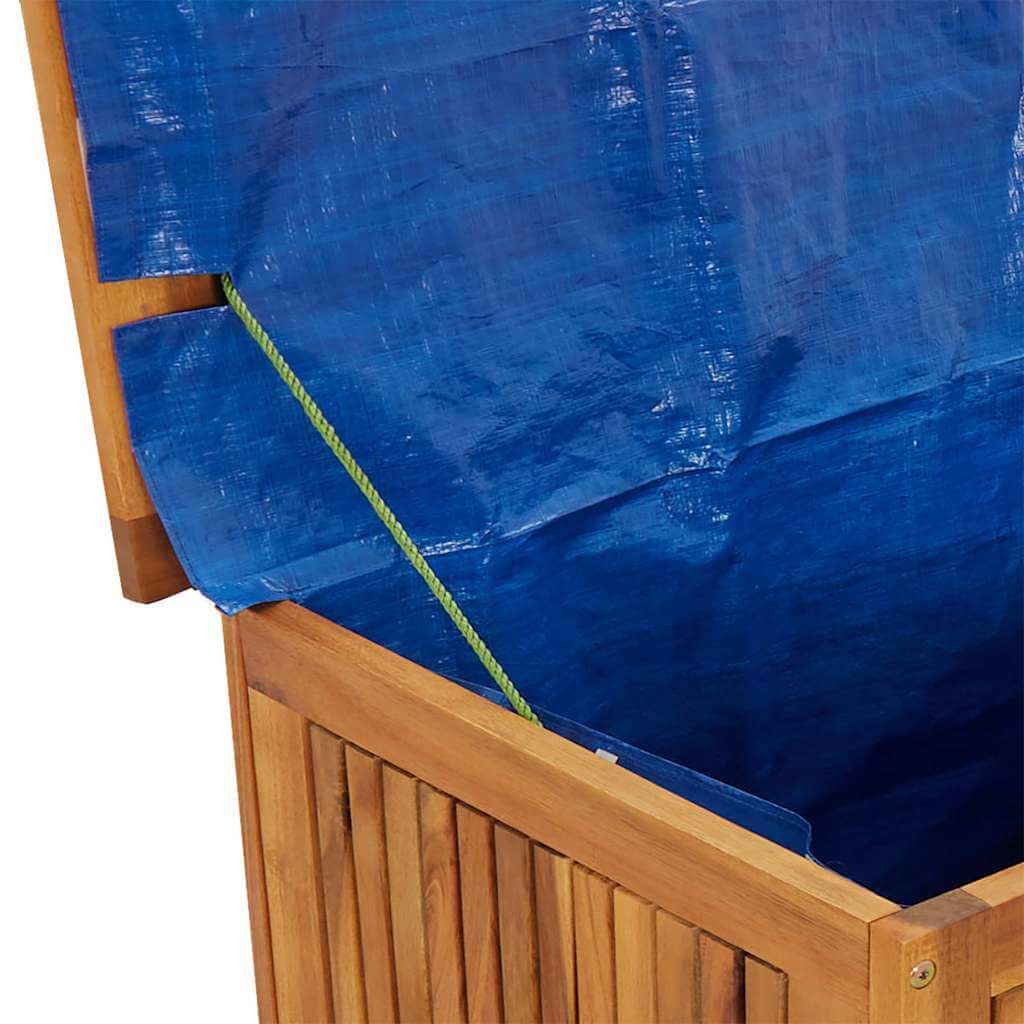 Garden Storage Box 60x50x58 cm Solid Acacia Wood with blue tarp covering the storage compartment.