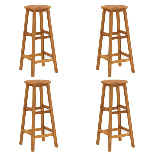 Four solid acacia wood bar stools for outdoor patio, durable and stylish for garden lounge and home furniture settings.