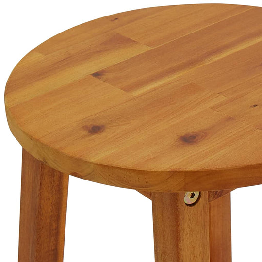 Close-up of solid acacia wood bar stool top with smooth oil finish, ideal for outdoor garden and patio furniture.