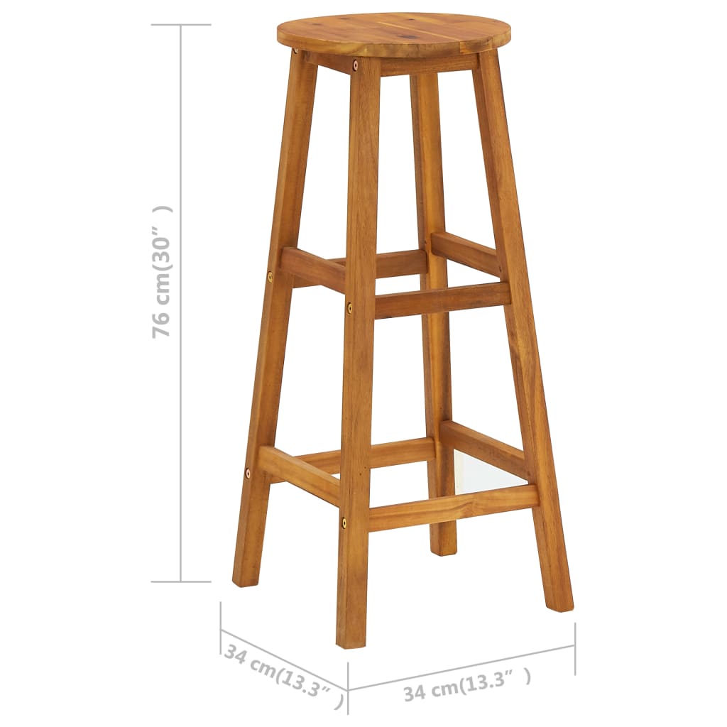 Solid acacia wood bar stool with dimensions 34x34x76 cm, ideal for outdoor furniture and patio settings.