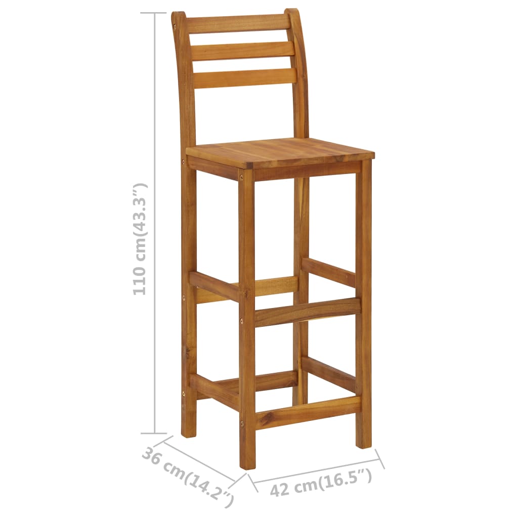 Solid acacia wood bar stool with dimensions 110 cm height, 36 cm width, and 42 cm depth, suitable for indoor and outdoor use.