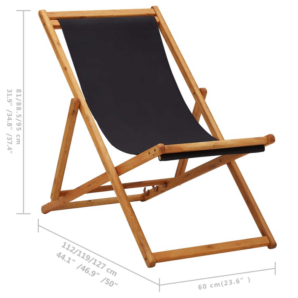 Folding beach chair made of eucalyptus wood and black fabric, adjustable recline, perfect for outdoor furniture and camping.