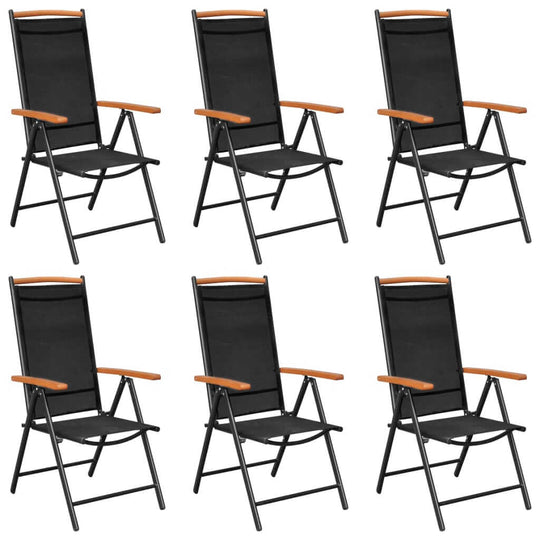 Set of 6 folding garden chairs in black with plywood armrests, perfect for outdoor leisure and comfort.