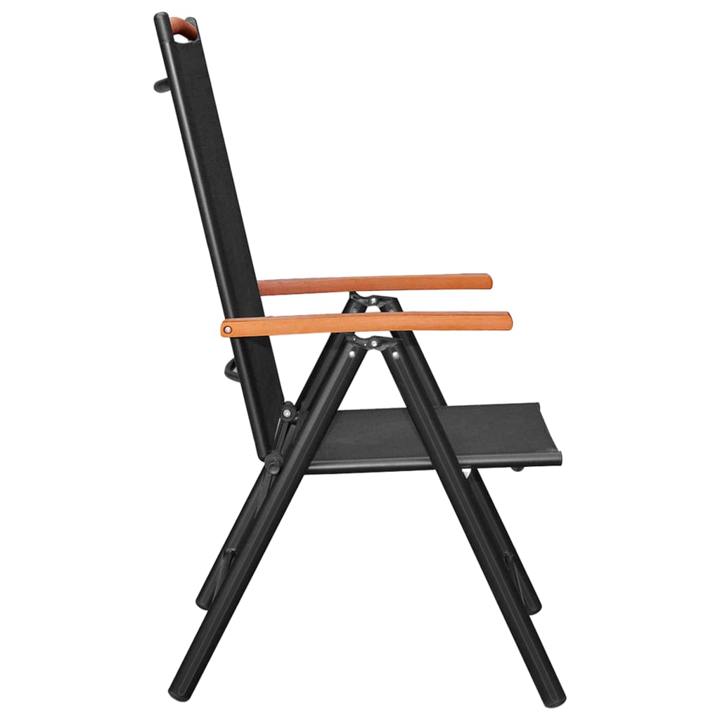 Side view of a folding garden chair with black textilene fabric and plywood armrests, perfect for outdoor leisure.