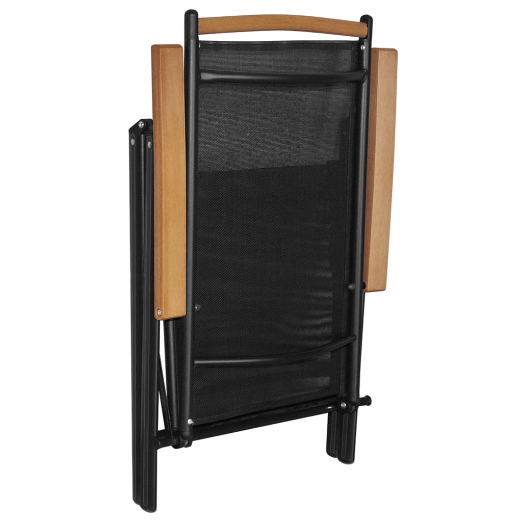 Folding garden chair with plywood armrests in black and wood, perfect for outdoor leisure, compact and space-saving design.