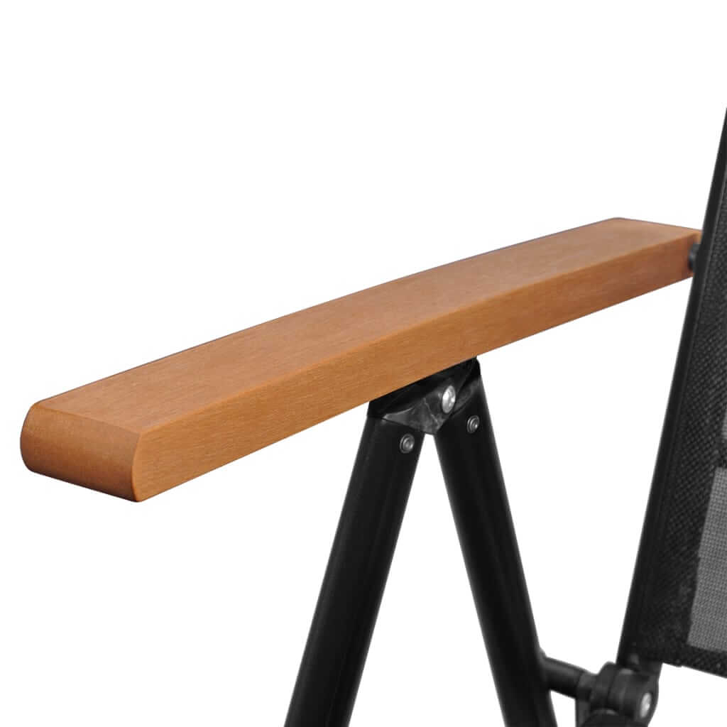 Close-up of the elegant plywood armrest on a folding garden chair, featuring a sleek black frame and breathable textilene fabric.