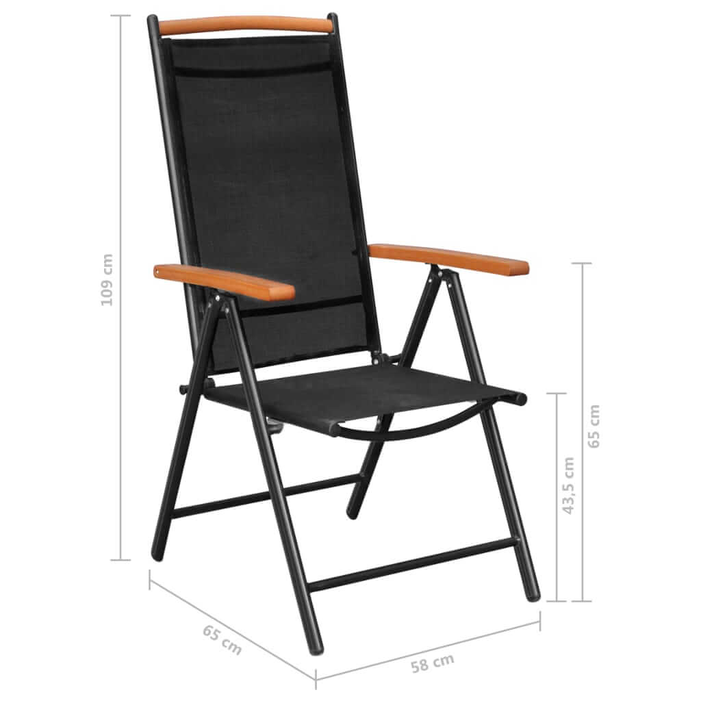 Folding garden chair with black textilene seat, plywood armrests, and adjustable backrest, dimensions 109x65x58 cm.