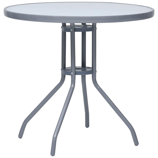 Round light grey garden table made of steel and glass, perfect for outdoor furniture and décor, ideal for coffee or tea.