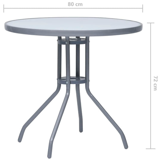 Round garden table in light grey steel and glass, 80 cm diameter, 72 cm height, ideal for outdoor furniture and decoration.