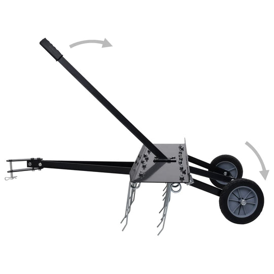 Scarifier attachment for ride-on mower, featuring adjustable handle and wheels for easy lawn care and moss removal.