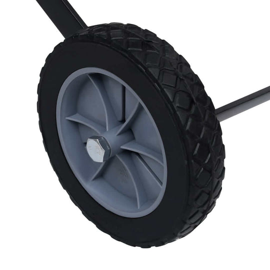 Close-up of a durable wheel for a scarifier attachment, designed for easy maneuverability on lawns.