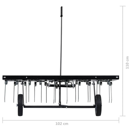 Scarifier attachment for ride-on mower, measuring 102 cm wide and 110 cm high, designed for effective lawn aeration.