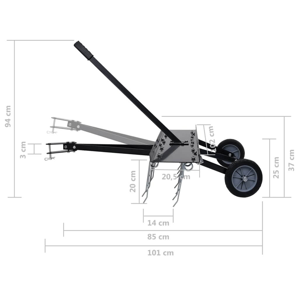 Dimensions of scarifier for ride-on mower showing width, height, and wheel design for efficient lawn care.