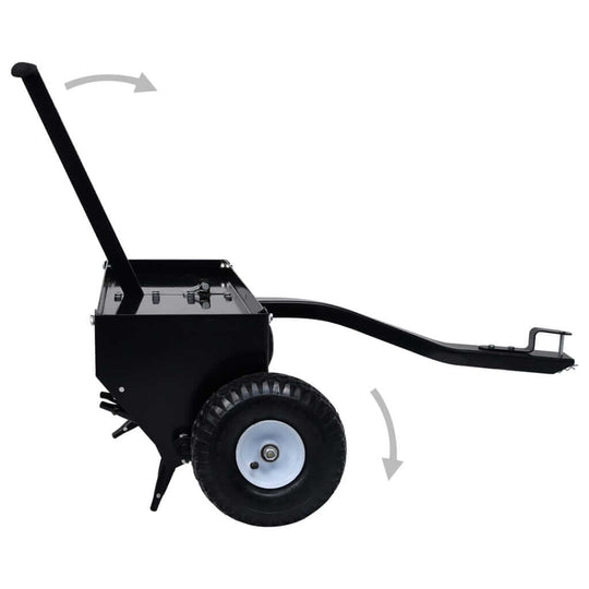 Side view of a lawn aerator for ride-on mowers featuring a large wheel and adjustable handle for easy maneuverability.