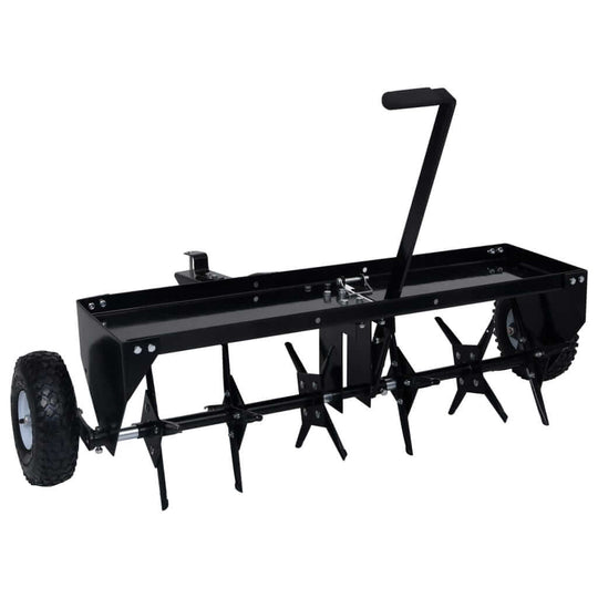 Lawn aerator for ride-on mower, featuring sharp tines and durable wheels for effective soil loosening and aeration.