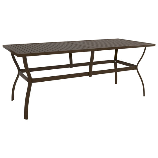 Brown steel garden table 190x80x72 cm with slatted design, perfect for outdoor furniture and stylish lounging.