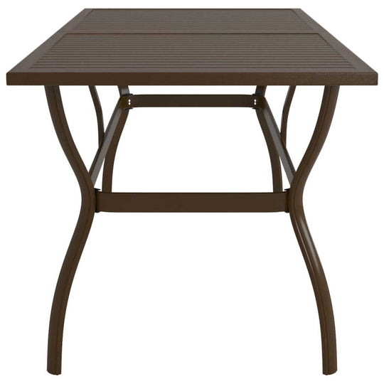 Stylish brown garden table with slatted design, made of sturdy powder-coated steel for outdoor furniture.