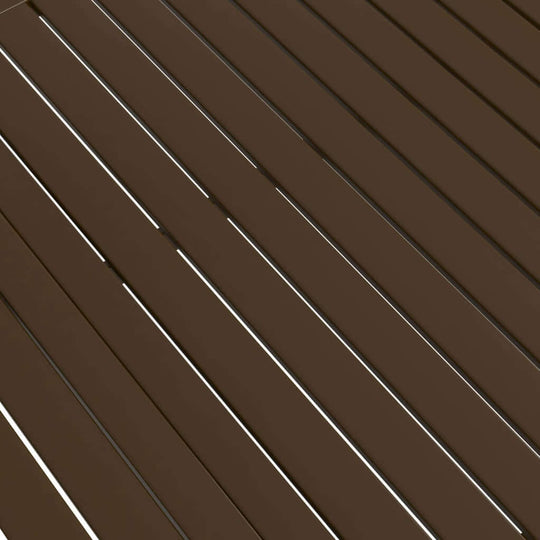 Close-up view of the slatted design of a brown steel garden table, perfect for outdoor furniture settings.