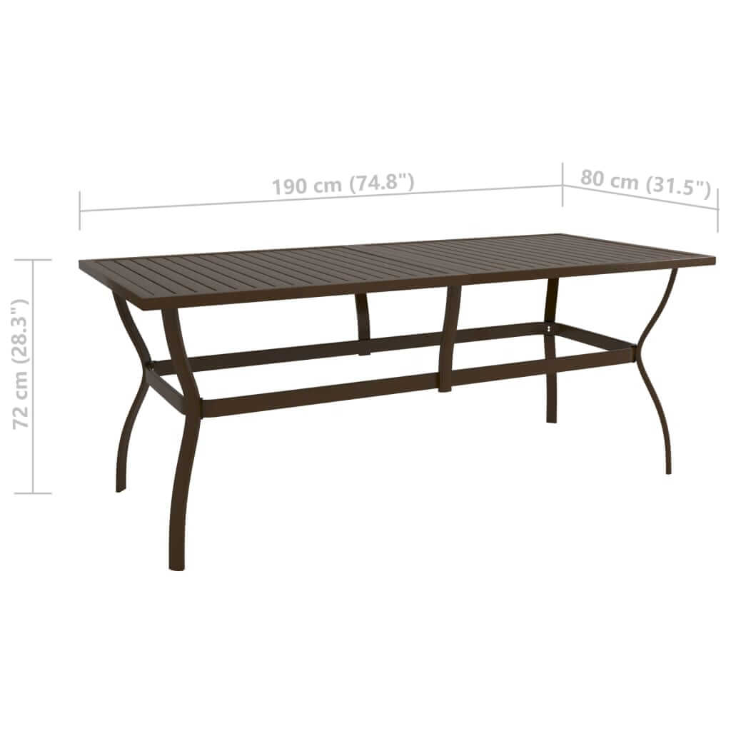 Brown garden table 190x80x72 cm made of powder-coated steel, perfect for outdoor furniture and lounge spaces.