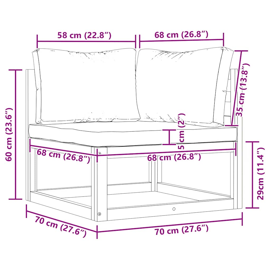 Detailed dimensions of sectional corner sofas 2 pcs with cushions white for outdoor use, highlighting measurements in cm and inches.