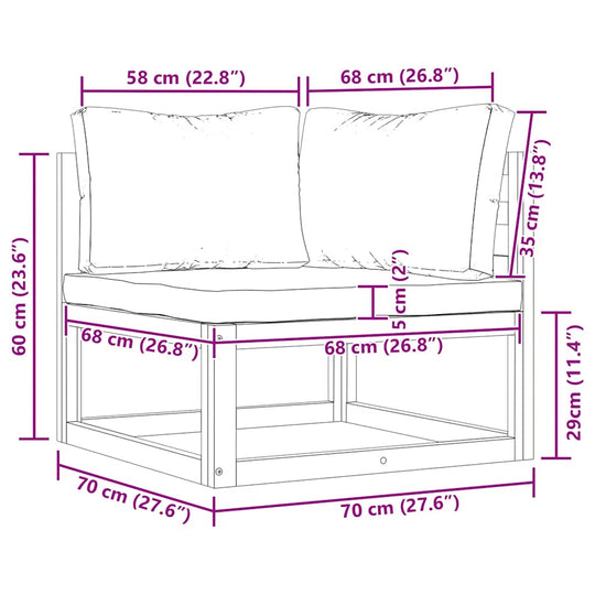 Dimensions diagram of 2 Piece Sofa Set with Cream Cushions Solid Acacia Wood, showing measurements in centimeters and inches.