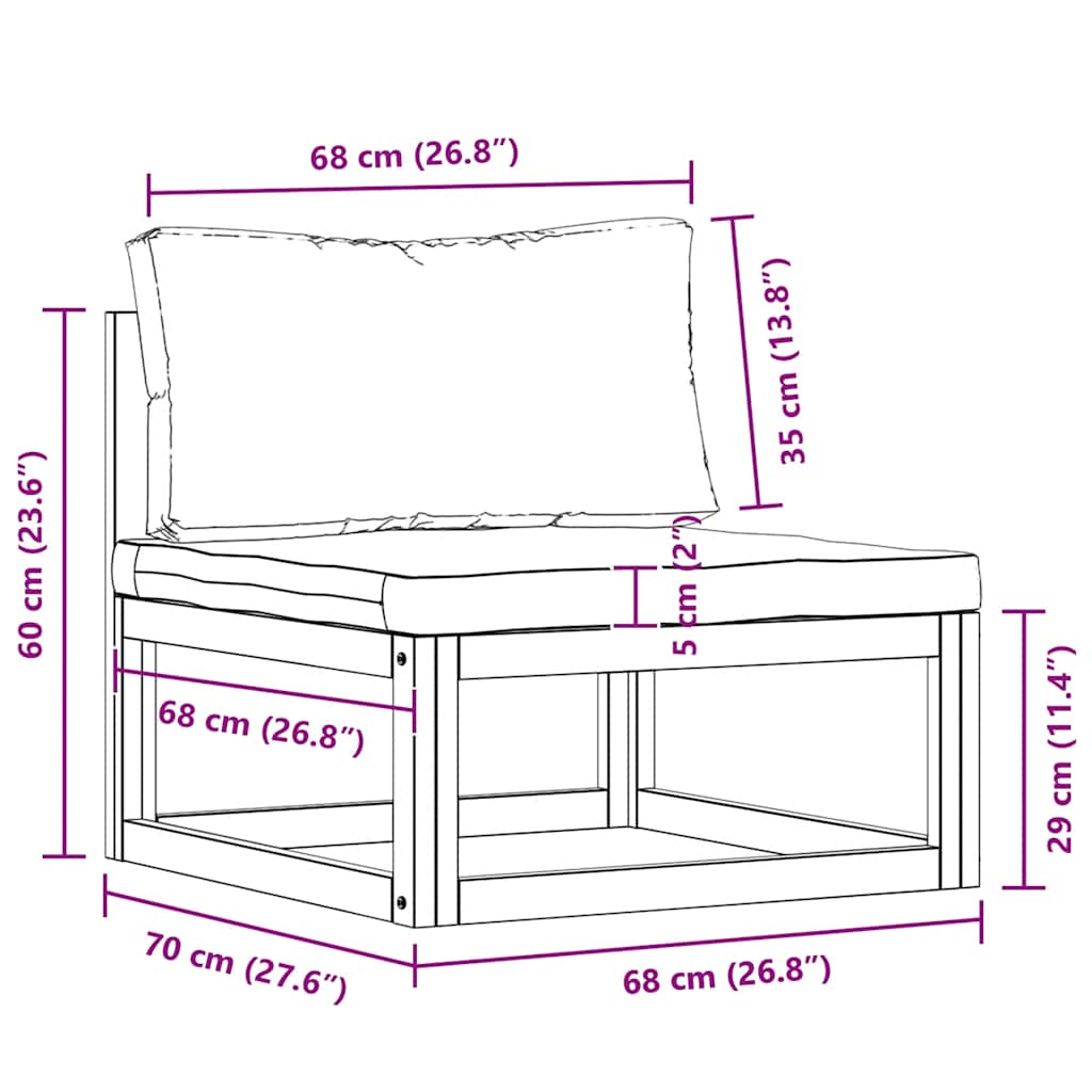 Dimensions diagram of the 2 Piece Sofa Set with Cream Cushions Solid Acacia Wood, showcasing the measurements of the single seat.